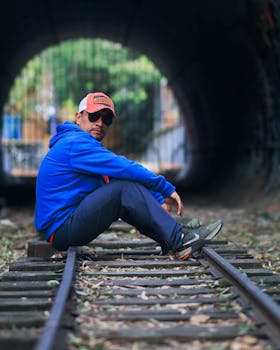 A stylish man in blue hoodie and sunglasses sitting on railway tracks inside a tunnel.