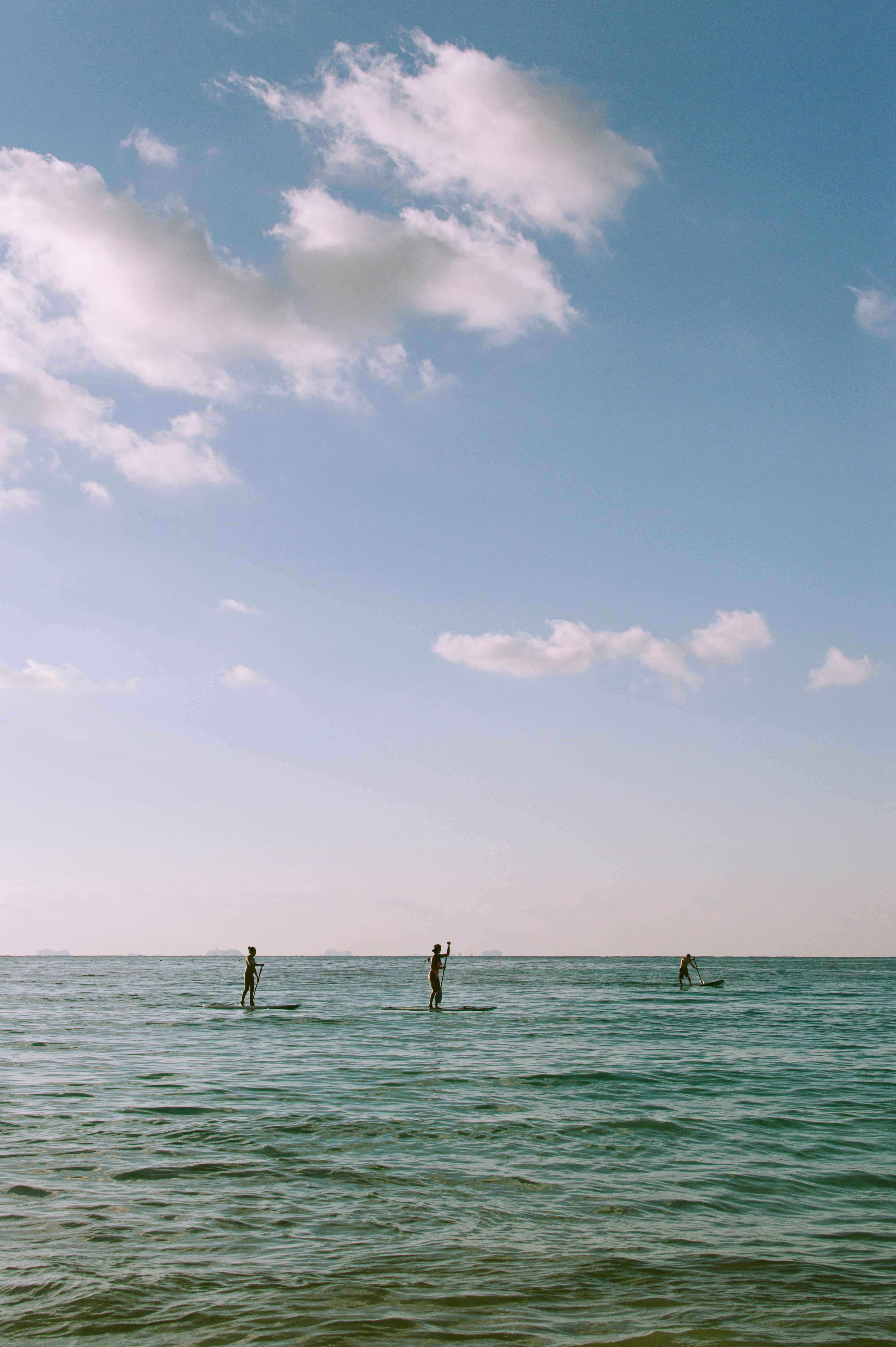 Paddle boarders enjoy the serene Caribbean waters under a clear sky in Cancún, México.