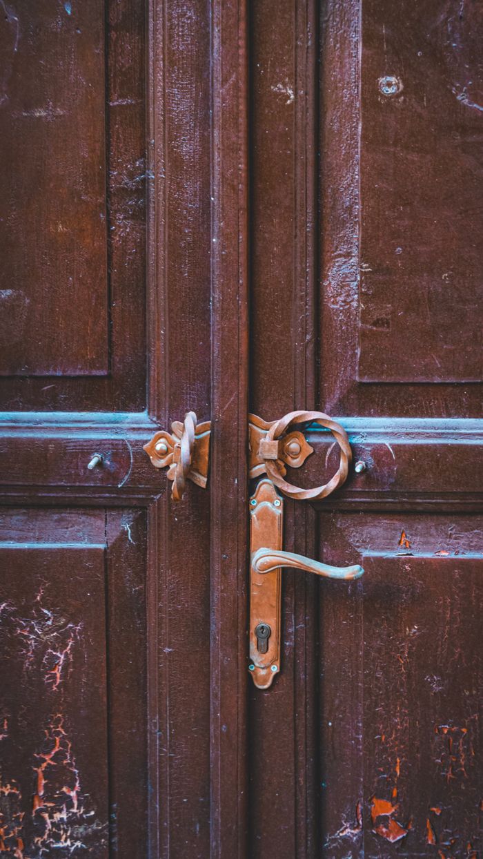Close-up of a solid wooden flush door with handle
