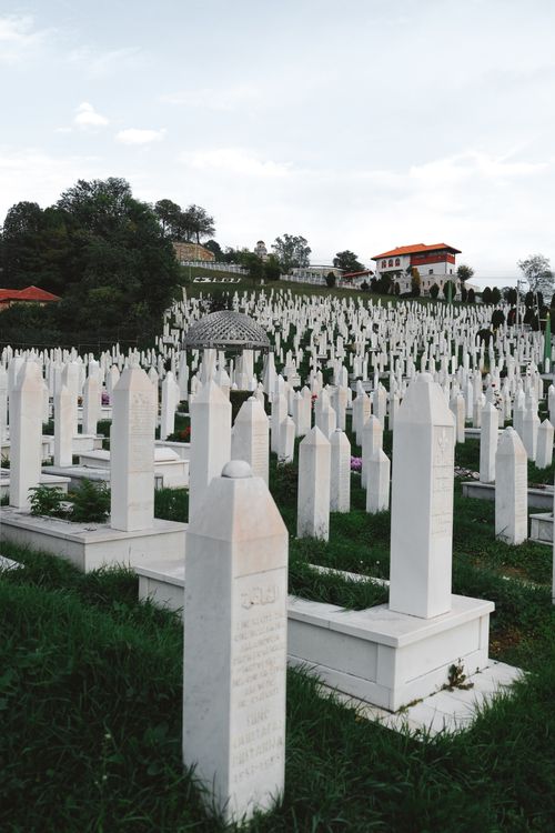 Free A peaceful view of white gravestones at Martyrs' Memorial Cemetery in Sarajevo, surrounded by lush greenery. Stock Photo