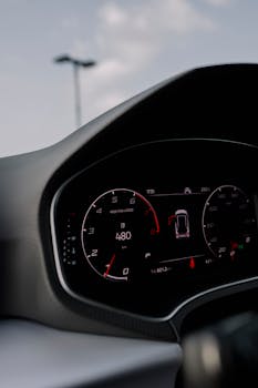 Detailed view of a sleek car dashboard with illuminated speedometer, focusing on the technology and design.