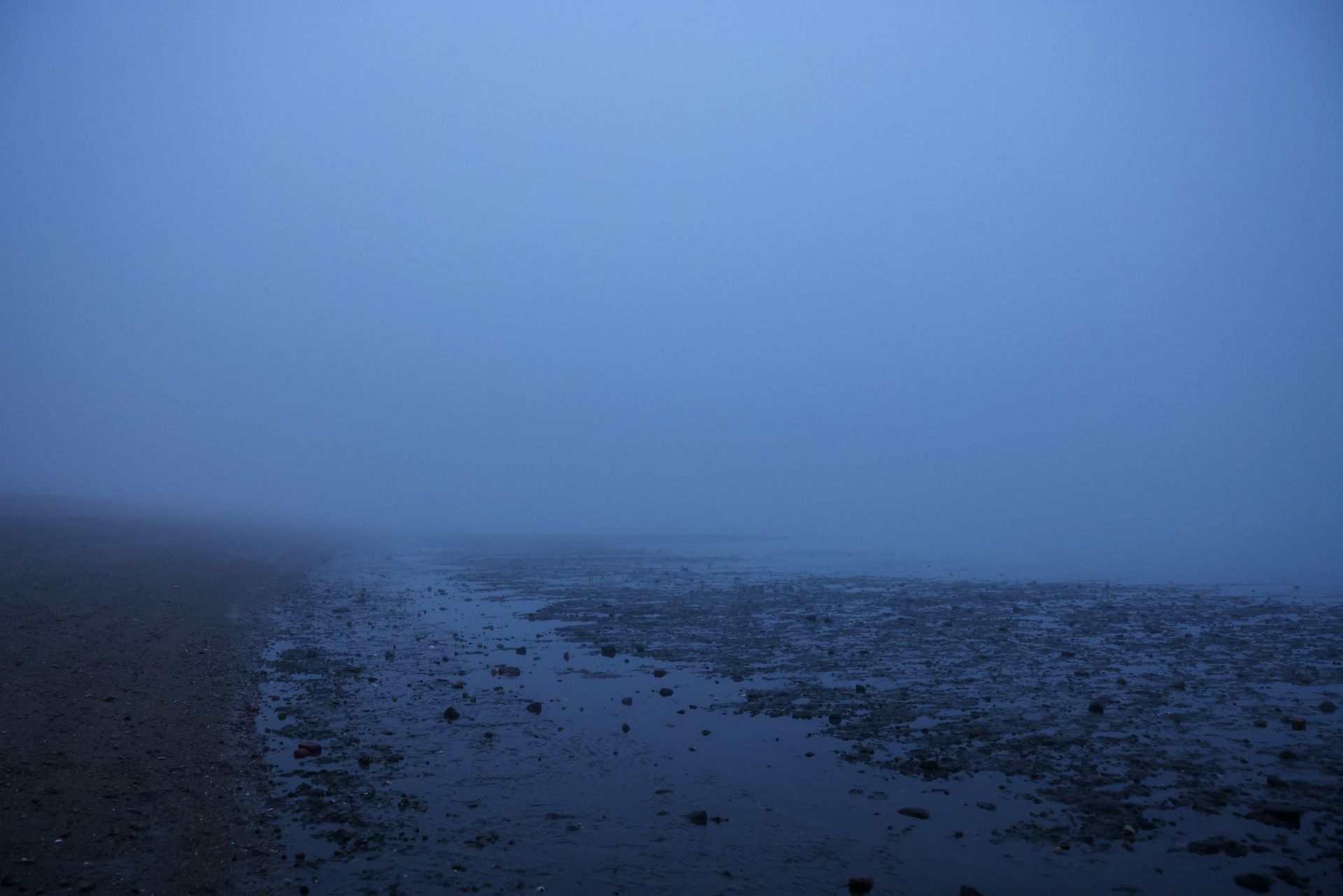 Costa brumosa del Golfo Pérsico bajo cielo nublado al amanecer