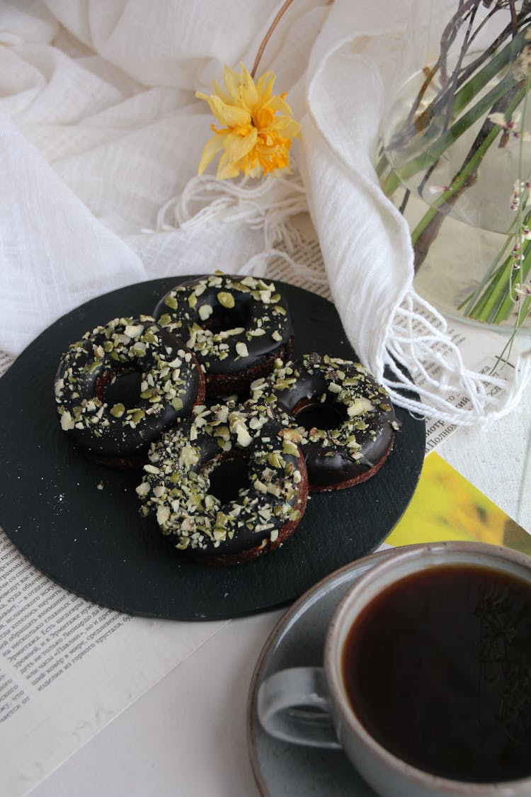 Black Donuts And Coffee