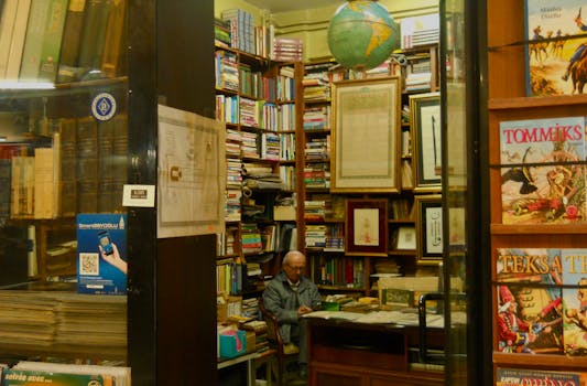 A vintage bookstore filled with books in Istanbul, Türkiye, showcasing a quiet reading nook.