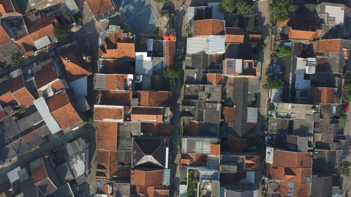 Aerial view of terraced house rooftops