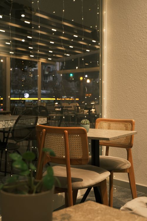 Free Inviting café interior with empty tables, chairs, soft lighting, and lush houseplants by the window. Stock Photo