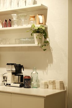Elegant café setup featuring a coffee machine, shelves, plants, and carefully arranged accessories.