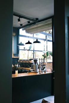 Contemporary café interior showcasing modern coffee equipment and cozy ambience.