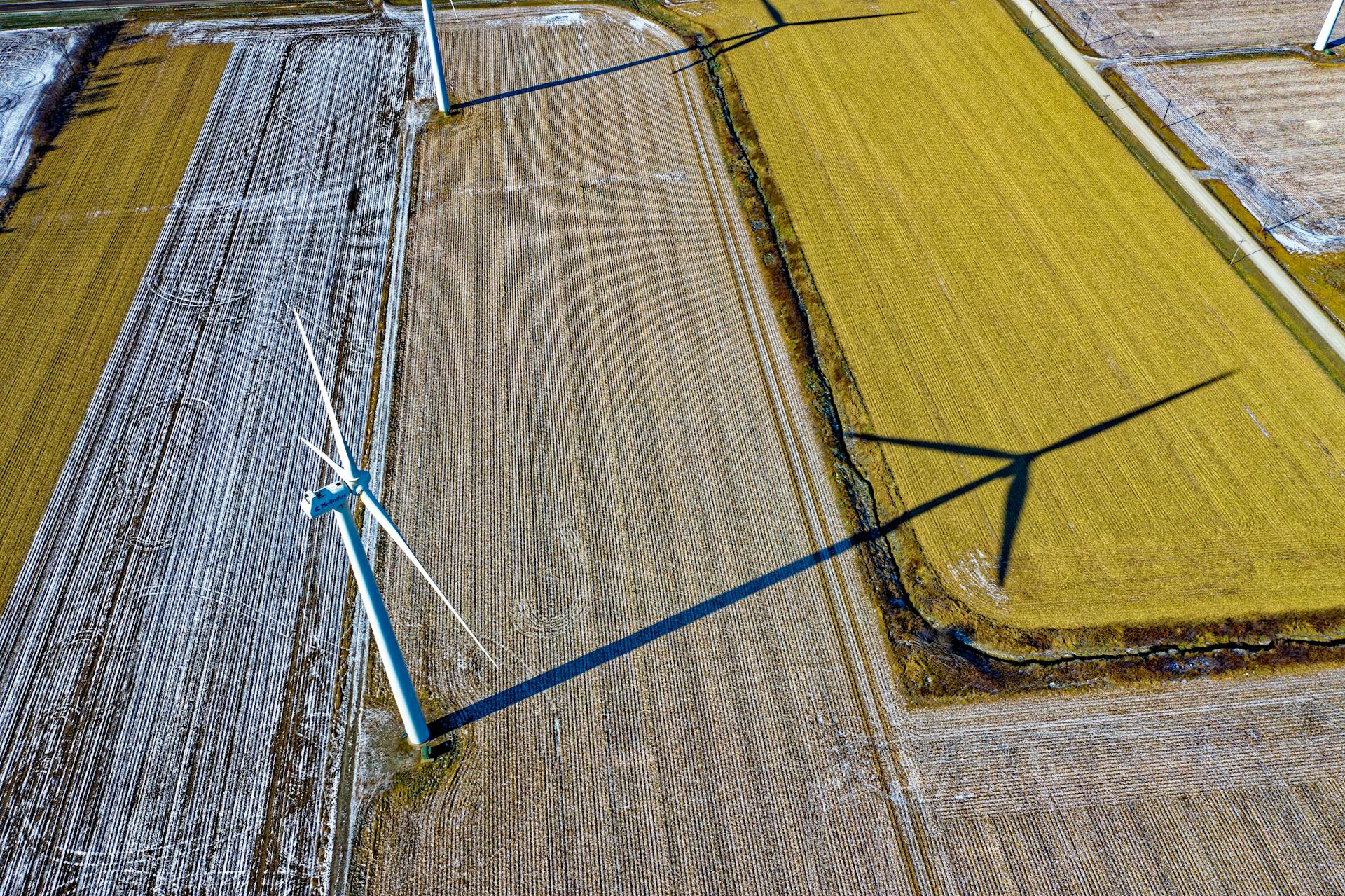 High Angle Photo of Wind Turbine on Field