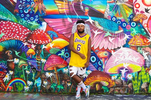 Free Man Posing in LA Lakers Jersey Stock Photo