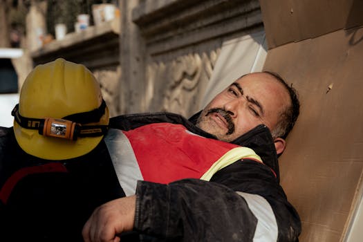 A construction worker lying on cardboard, taking a break with a helmet nearby.