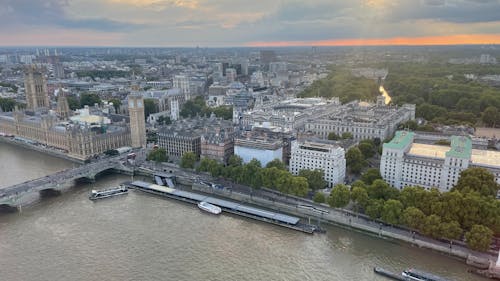 Aerial View of the Thames and Cityscape of London, England 