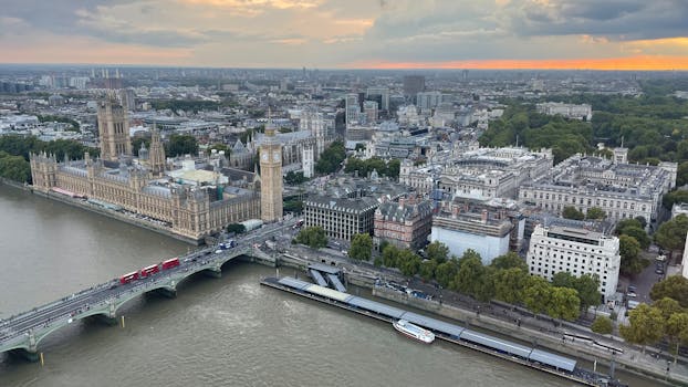 Stunning aerial view of London's iconic Big Ben and the River Thames.
