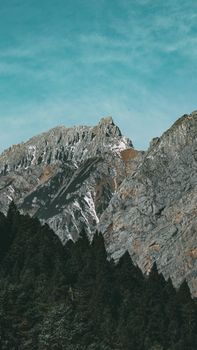 Stunning mountains and forest under a clear blue sky, perfect for nature lovers.