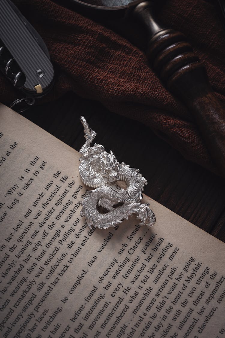 Silver Vintage Dragon On An Open Book 