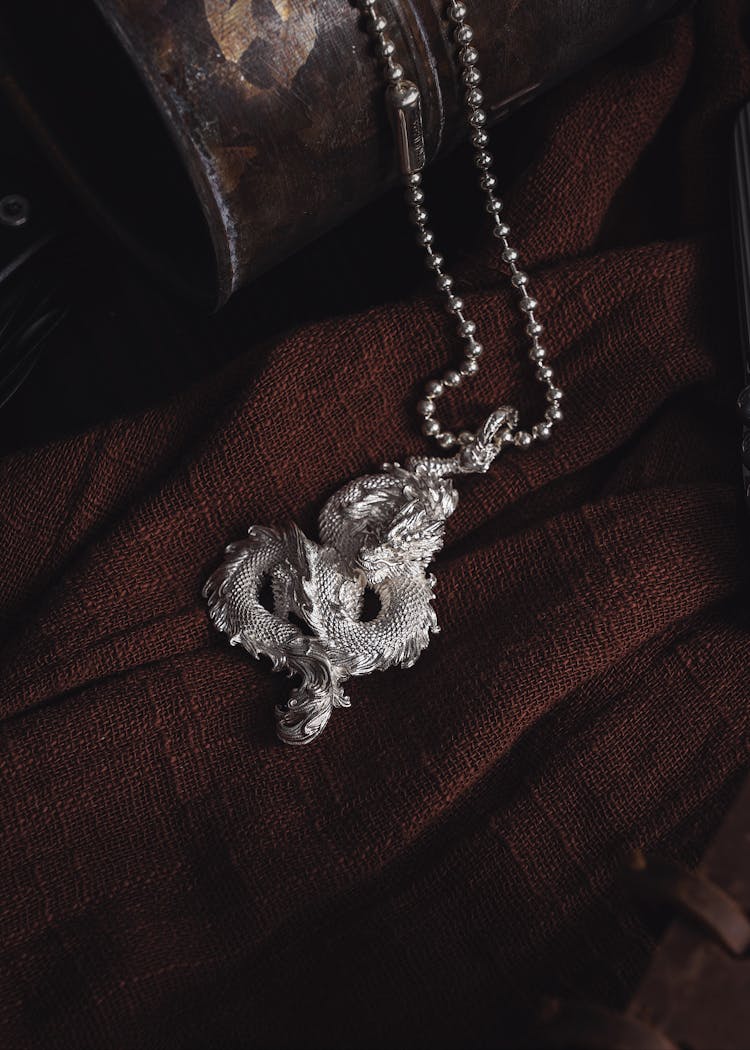 Silver Vintage Dragon On A Chain 