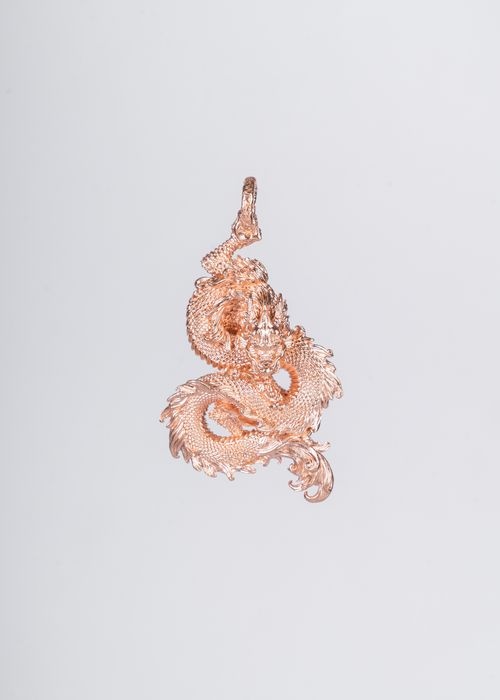 Free Close-up of an artistic golden dragon pendant with intricate details on a white background. Stock Photo