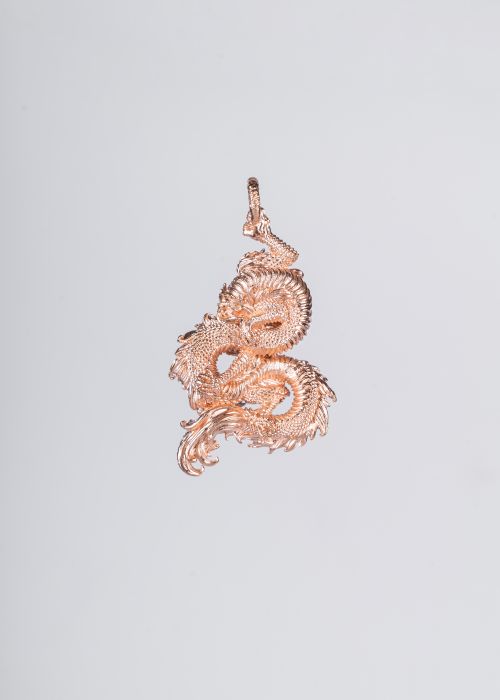 Free Golden dragon-shaped pendant in focus on a sleek white backdrop, showcasing detailed craftsmanship. Stock Photo