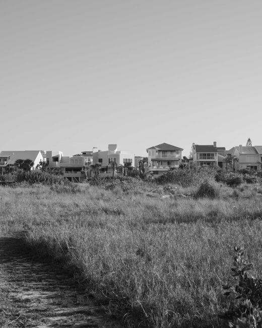 Black and white photo of houses along a grassy coastal area under a clear sky.