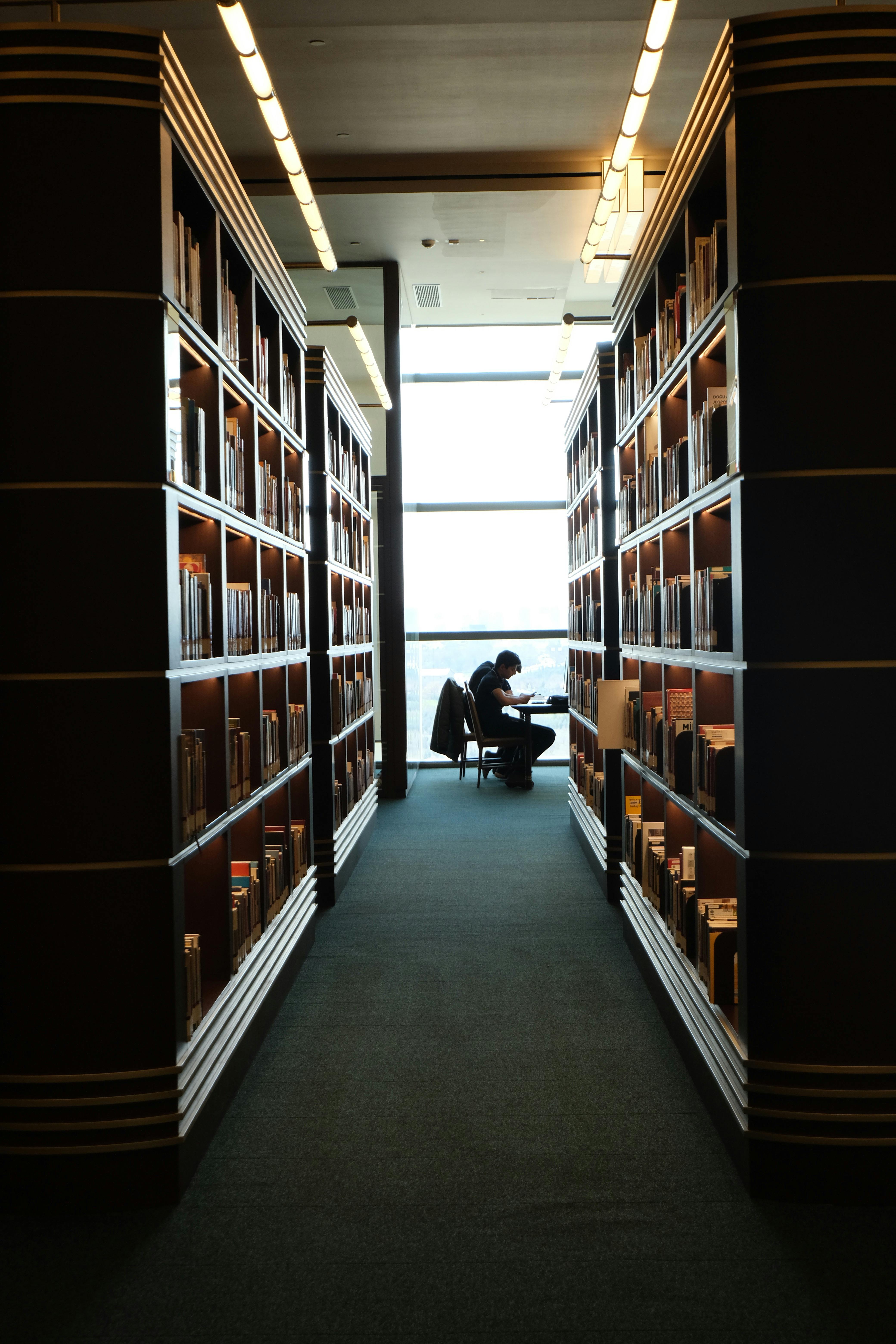 A lone individual reads in a quiet, modern library corridor filled with books.
