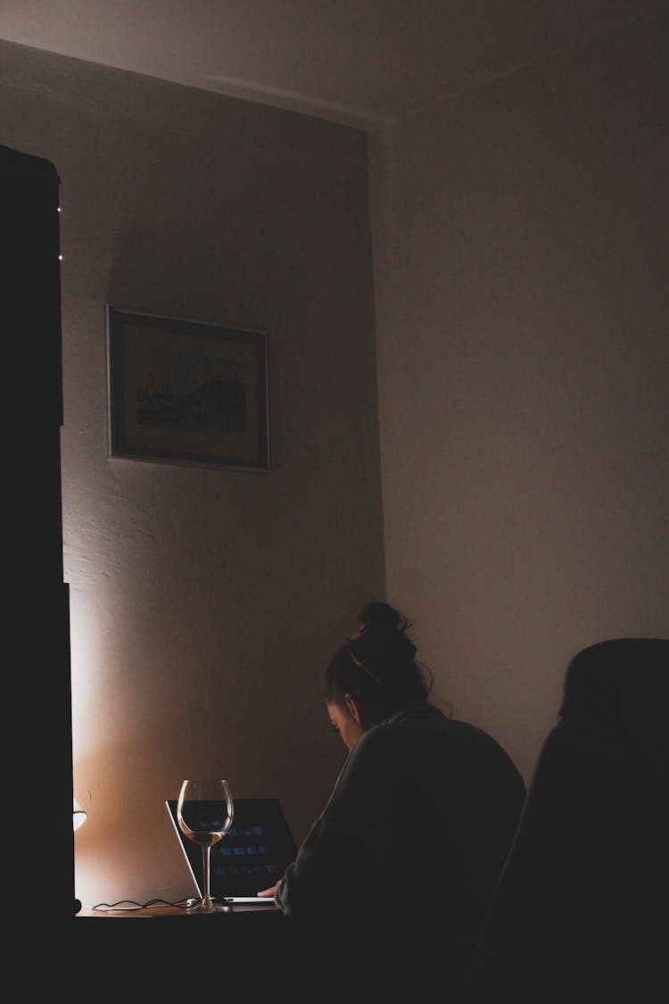 Woman Sitting At The Desk, Using A Laptop And Drinking Wine 