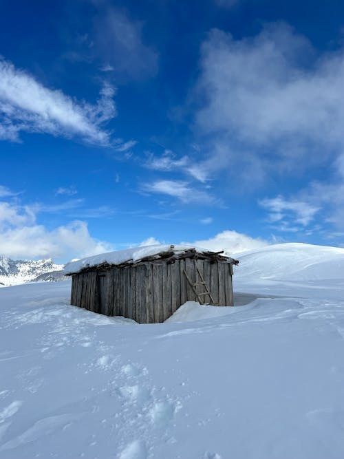 A Wooden Hut Covered in Snow in Mountains