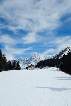 Beautiful snowy landscape with ski resort, mountain peaks, and blue sky.