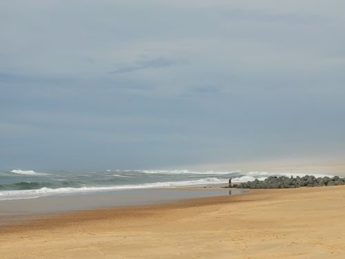 Free Serene beach scene with a sandy shore and overcast sky, perfect for relaxation. Stock Photo