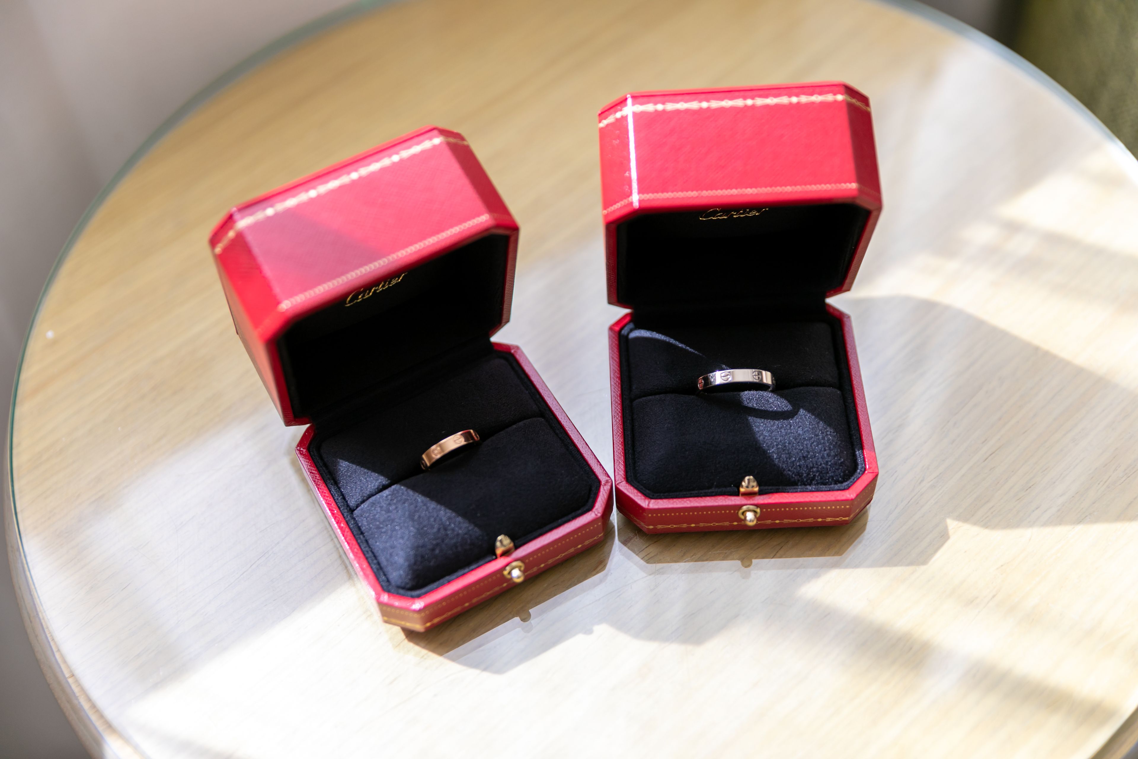 Jewellery presented in open gift boxes