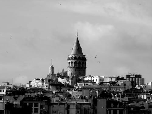 Galata Tower over Buildings in Istanbul in Black and White