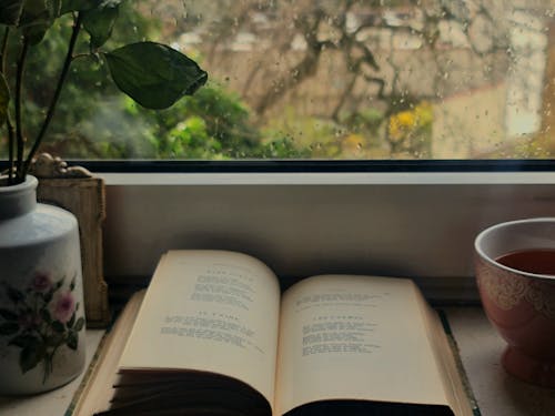 Clsoe-up of a Book and a Cup of Tea on a Windowsill 