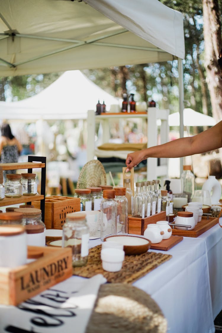 Market Stall With Ecological Laundry Detergents, Cosmetics And Toiletries