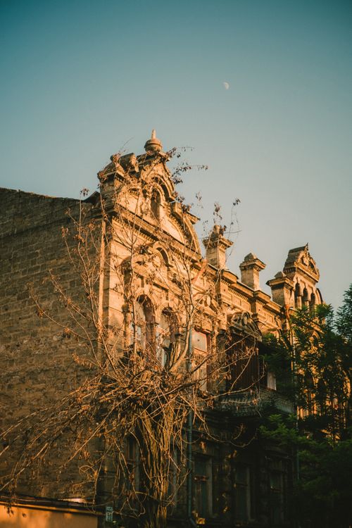 Free An ornate historic building facade with intricate carvings and a natural backdrop, captured at sunset. Stock Photo