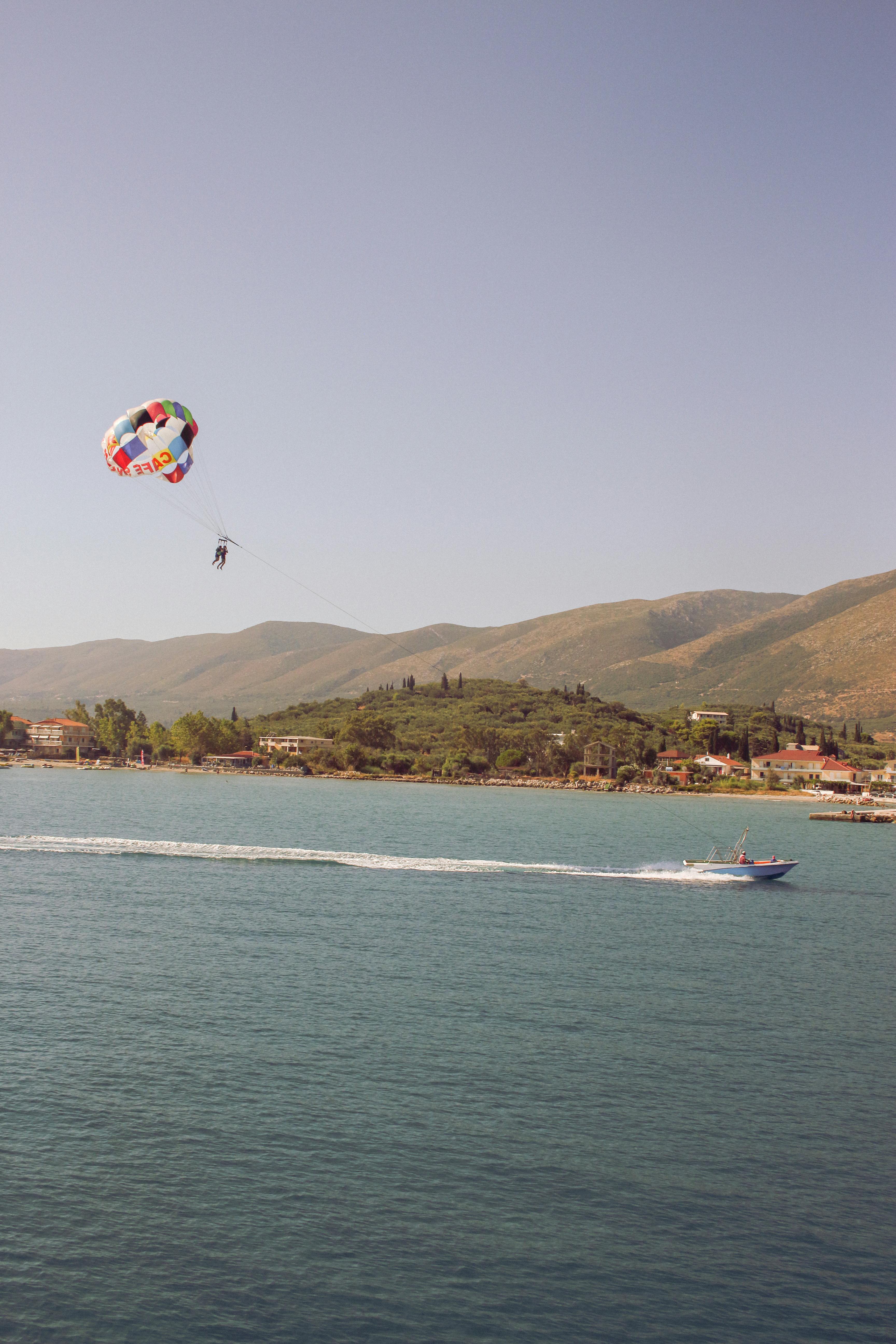 Enjoy a thrilling parasailing experience along the beautiful coast of Zakinthos, Greece.