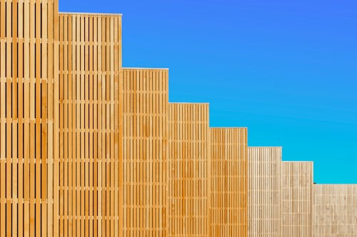 Exterior of a Wooden Building against a Clear, Blue Sky 