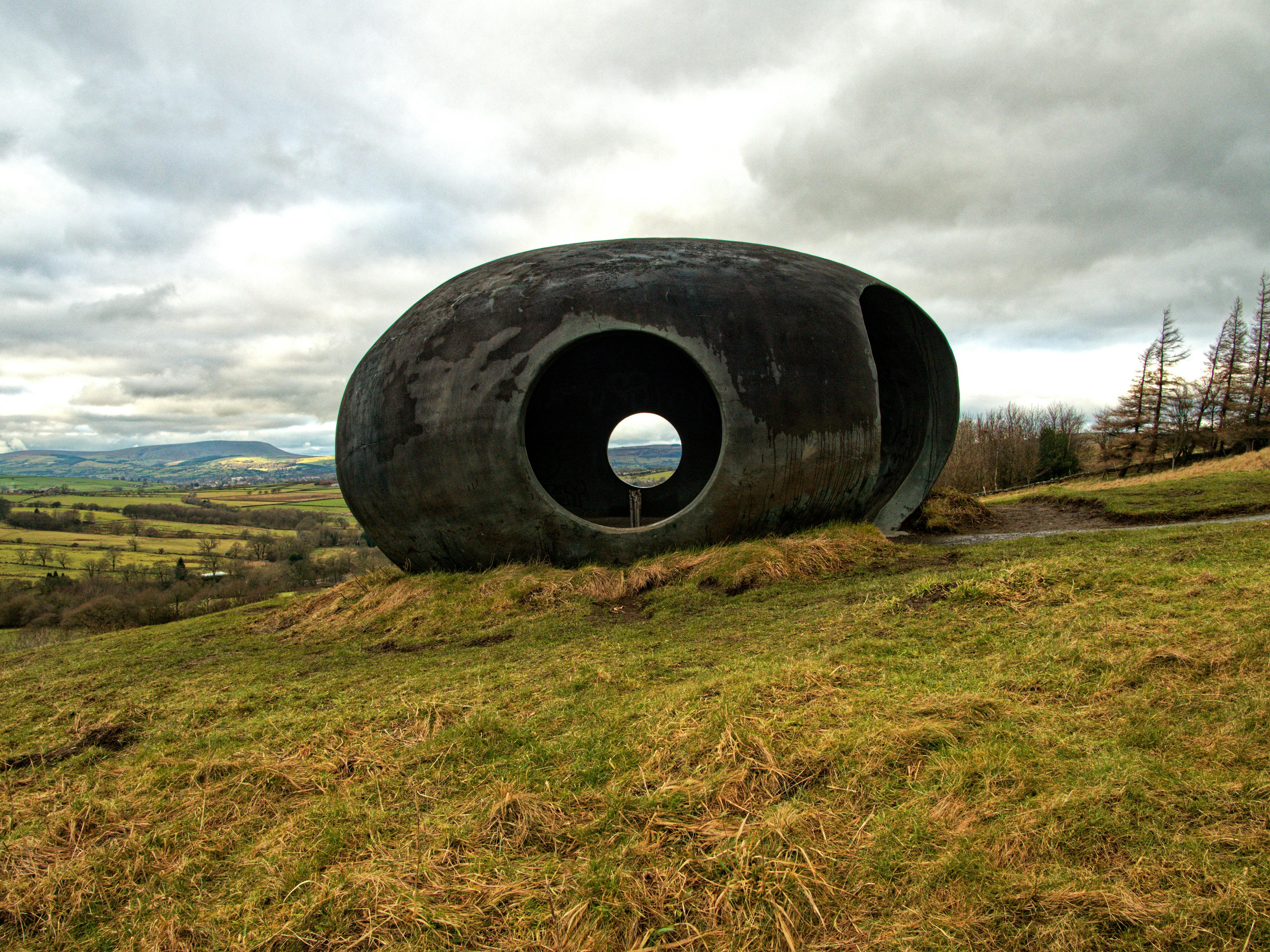 Unique panopticon sculpture set amidst the rolling hills of Lancashire, England.