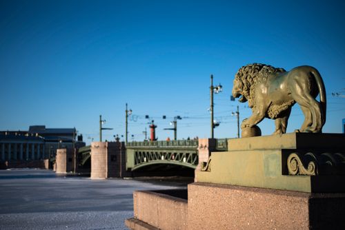 Free Bronze lion sculpture on St. Petersburg's embankment with a view of the bridge. Stock Photo