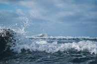 在多云的天空下，充满活力的海浪撞击着岩石，捕捉大自然的力量