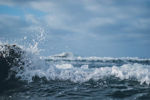 Vibrant ocean waves crashing against rocks under a cloudy sky, capturing the power of nature.