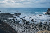 岩石海滩上，海浪在蓝天下拍岸，非常适合营造宁静的海景视觉效果