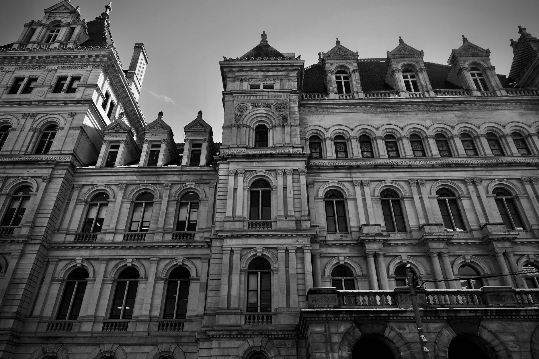 Black and white photo of the iconic New York State Capitol, Albany