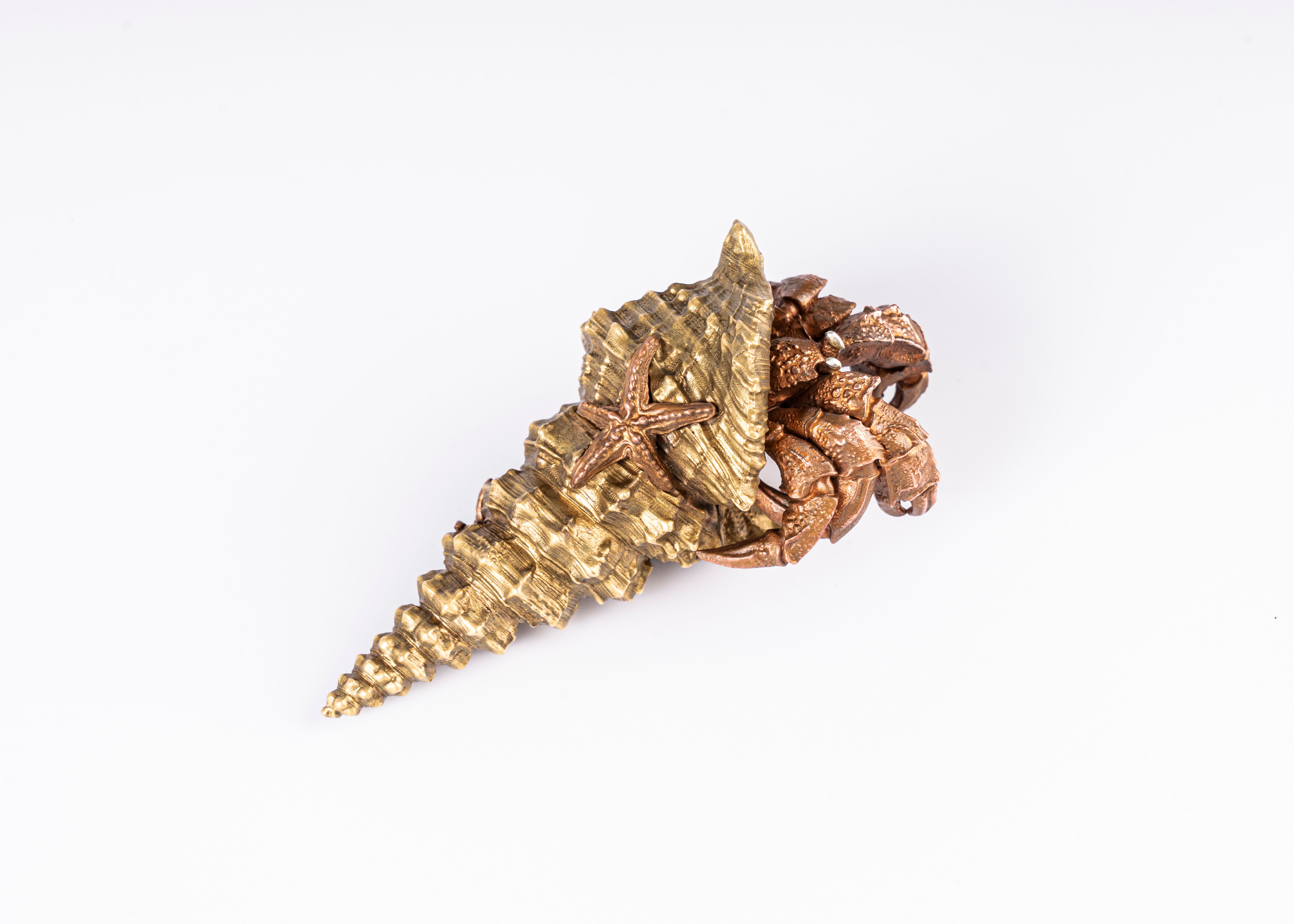 Artistic gold and bronze shell sculpture featuring a starfish design, set on a pristine white background.