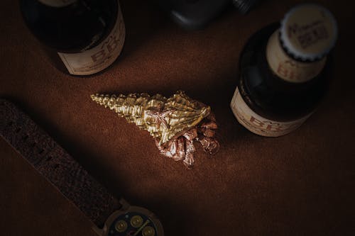 Golden Snake Eating Crab among Beer Bottles