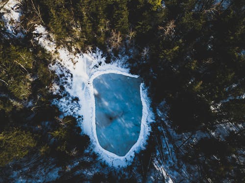 Aerial Photography of Snow Covered Body of Water Surrounded by Trees