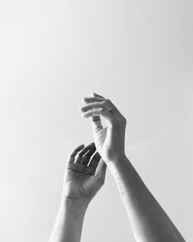 A graceful black and white close-up of reaching hands with a white background.