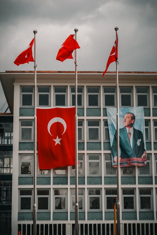 Turkish Flags on Flagpoles and a Building with the Flag on the Exterior 