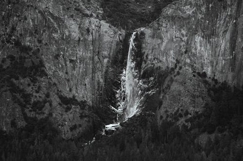 A Waterfall in a Canyon in Black and White