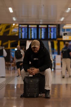 A traveler sitting on a suitcase in an airport terminal, surrounded by passengers.