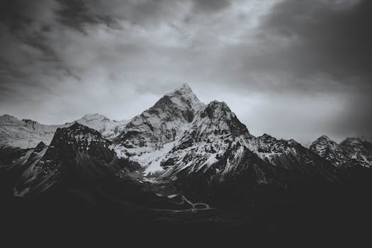 A striking black and white image of snow-covered mountains under an overcast sky.
