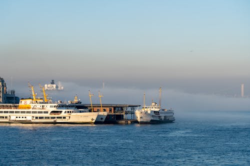 A ferry boat is docked in the water